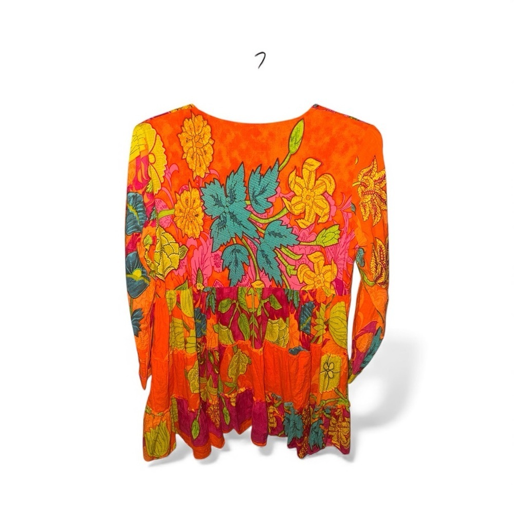 Vibrant Orange Floral Women's Tunic Style Bohemian Colorful Top Ties in Front - Picture 3 of 5